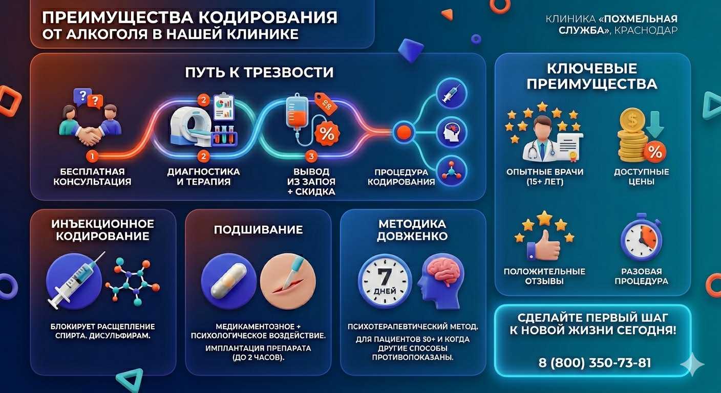 Инфографика о методах кодирования от алкоголя в Симеизе: инъекции, подшивание, метод Довженко. Преимущества клиники и этапы лечения.