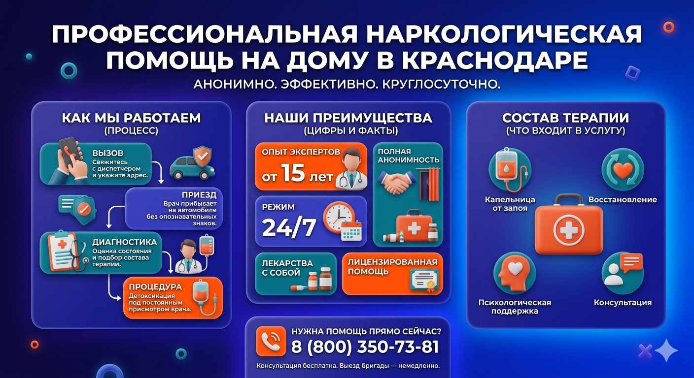 Инфографика о принципах лечения алкоголизма на дому в Симеизе: этапы вызова нарколога, преимущества анонимной детоксикации и состав медицинской помощи.
